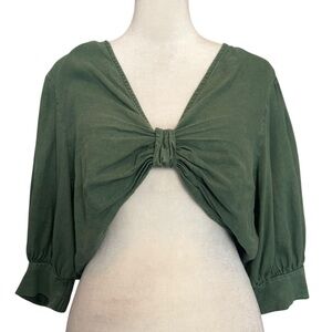 YFB Young Fabulous & Broke  Linen Blend Crop Top Size S Green Puff Sleeve